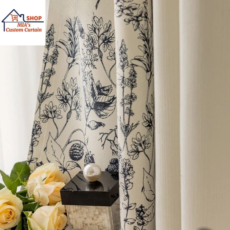 French Retro Pine Cone Print Splicing Chenille Curtains Blackout Simple Custom Size for Living Dining Bedroom Custom Size