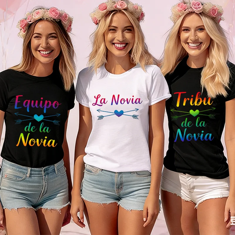 Spanish Girls Bridal Shower T-Shirts Team Bride Tribe Heart Arrow Print Blouses Short Sleeve O Neck Tees for Bachelorette Party