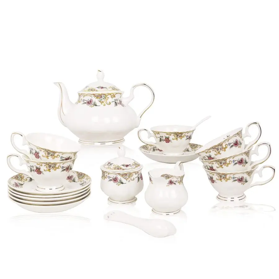 

Bone China Tea Set for Adults White And Floral Fine China Tea Set 21Piece English Tea Cups Set of 6 for Women Porcelain Tea Set