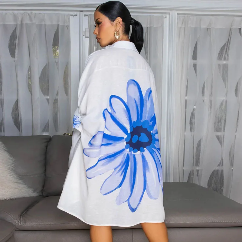 Vestido camisero blanco con estampado Floral para mujer, ropa de media manga con cuello vuelto y botones, vestidos Midi informales rectos sueltos