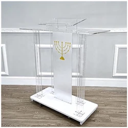 Overhead Reading Podium with Led Lights (Yellow), Acrylic Floor-Standing with Casters, Imported Rolling Reception Desk,Clear