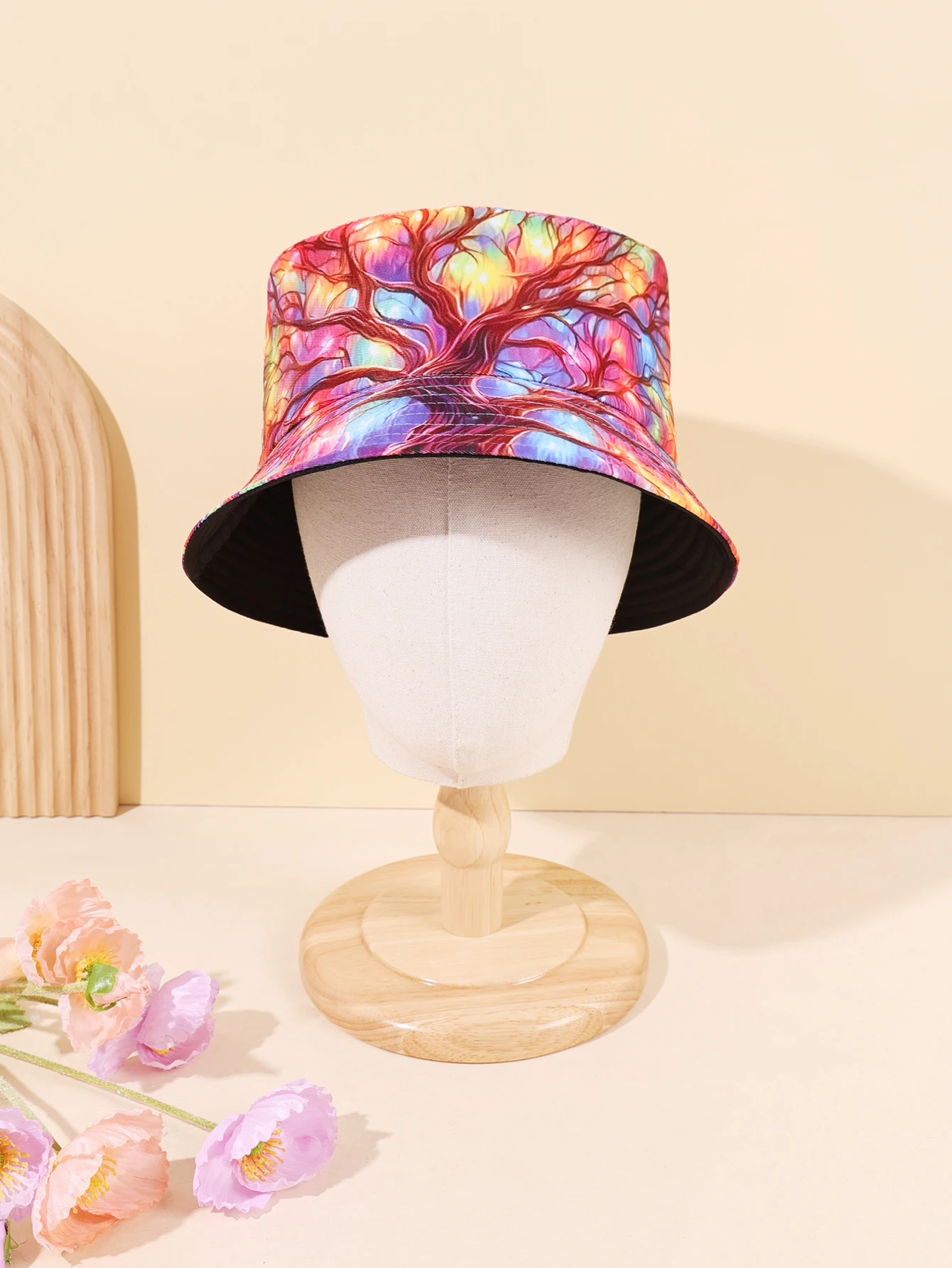 1PC Colorful Tree Pattern Artistic Fisherman's Hat, Breathable Soft Fabric, Eye catching Artistic Feel Pulled Full