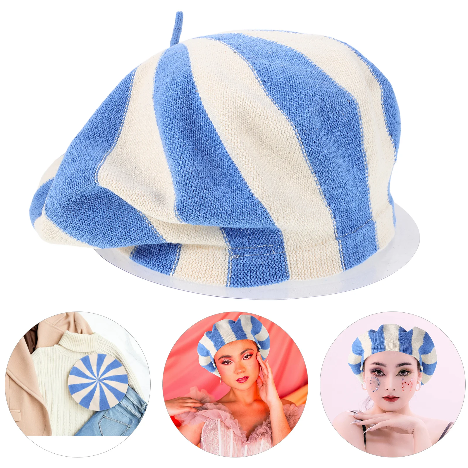 

Striped Knit Beret Hat for Women Lightweight Breathable Vintage French Beret Retro Painter Cap Casual Daily Wear Outdoor Travel