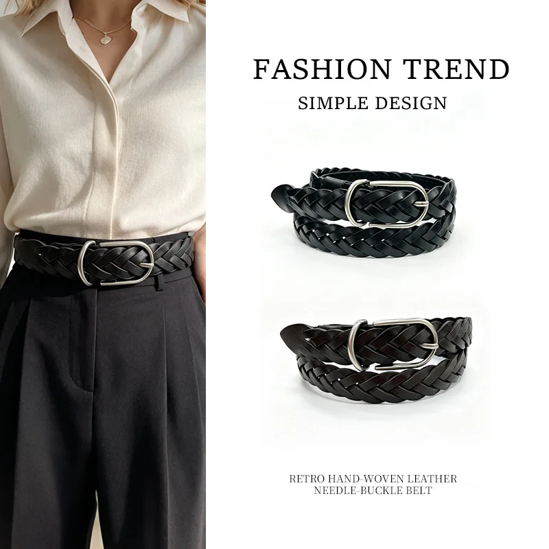 Hand Woven Top Grain Leather Pin Buckle Belt Tightly Braided Leather Strap Polished Alloy Buckle Moderate Soft Texture