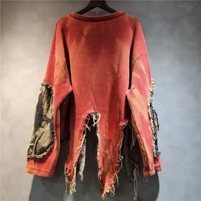 [EWQ]Vintage Cowboy Pocket Splicing Irregular Sweater Long Sleeved O-neck Women Tassels Hem Pullover Knit Winter Top 2024 Autumn