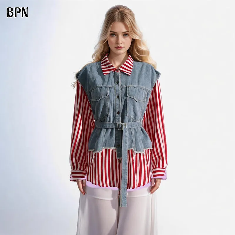 BPN Casual Patchwork Denim Shirts For Women Lapel Long Sleeve Hit Color Patchwork Belts Striped Blouses Female Fashion Clothing