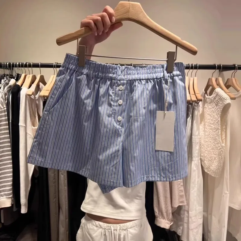 Women's Y2K Striped Print Loose Shorts Casual Elastic Waist with Button Detail Fashionable Streetwear Chic Basic Bottoms