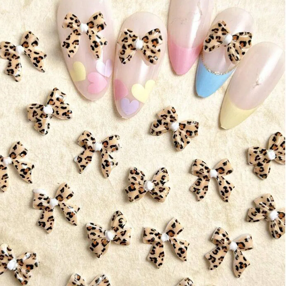 50pcs Leopard Print Bow Nail Charms Winter Maillard Color Ribbon Bow Nail Art Accessories 10mm Leopard Bow Sexy Nail Art Decorat