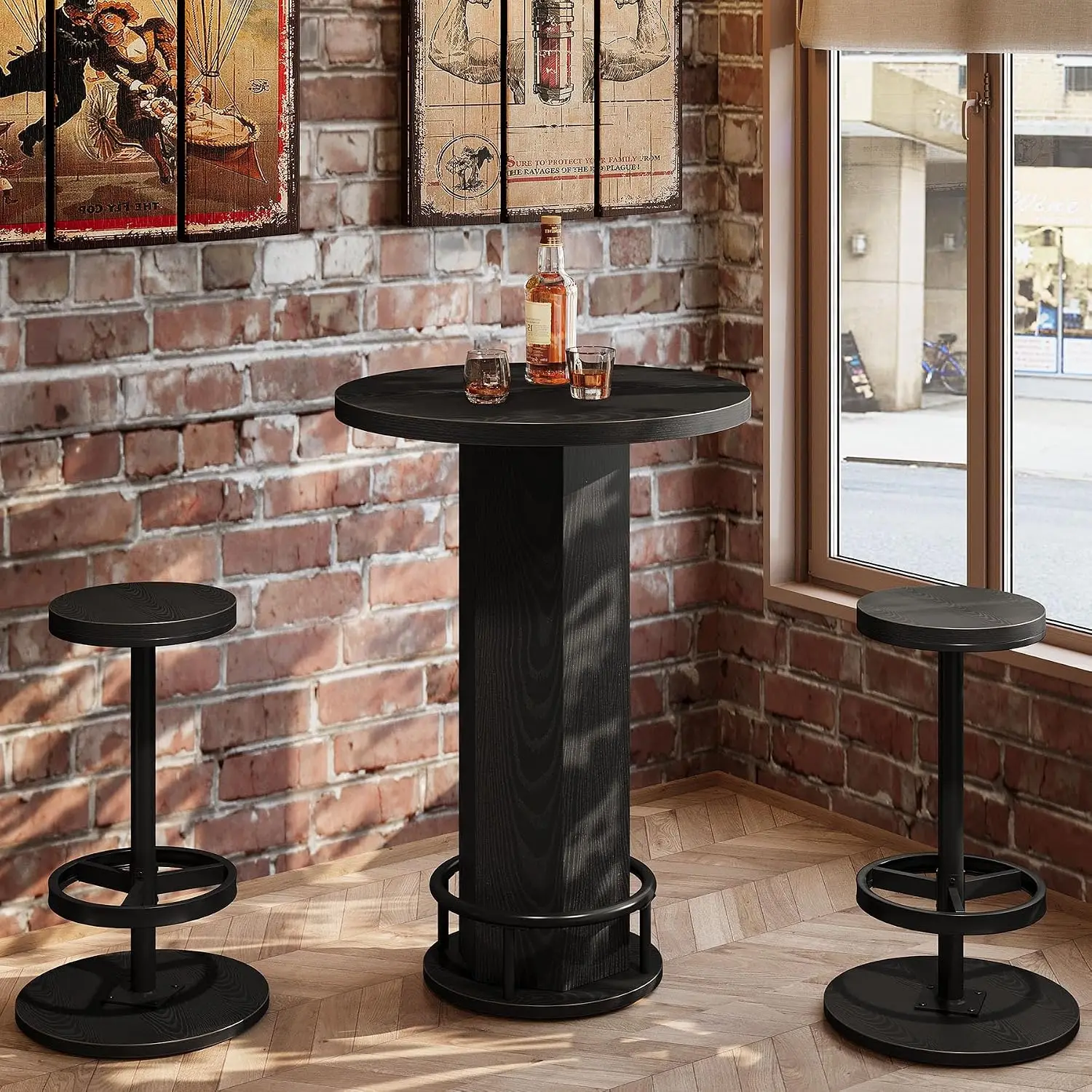 3-Piece Dining Table Set for 2, Small Round Kitchen Table with 2 Chairs,Black Counter Height Bar Table, Pub Table for Small Space, Apartment, Bistro