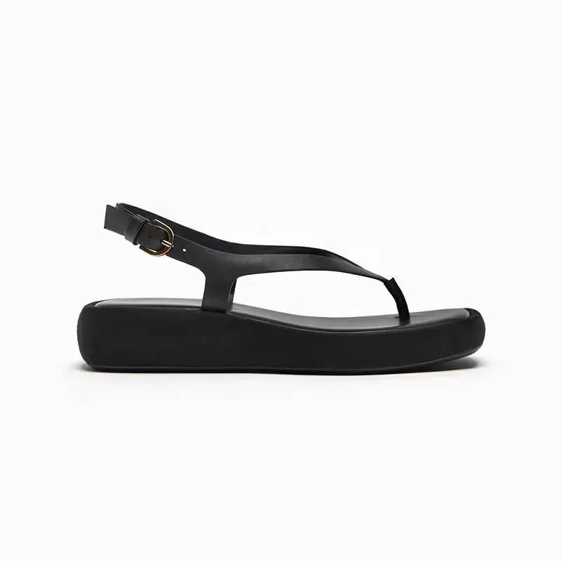 2024Summer Pinch Slippers sandals  Shoes Fashion Open Toe Buckle Strap Soft Leather Flip-flops Women Wedge  Beach