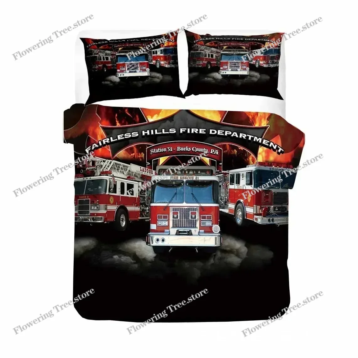 Firefighter Truck Duvet Cover KingQueen Size Red Firemen Car Bedding Set for Kids Boys Girls Fire Engine Polyester Quilt Cover02