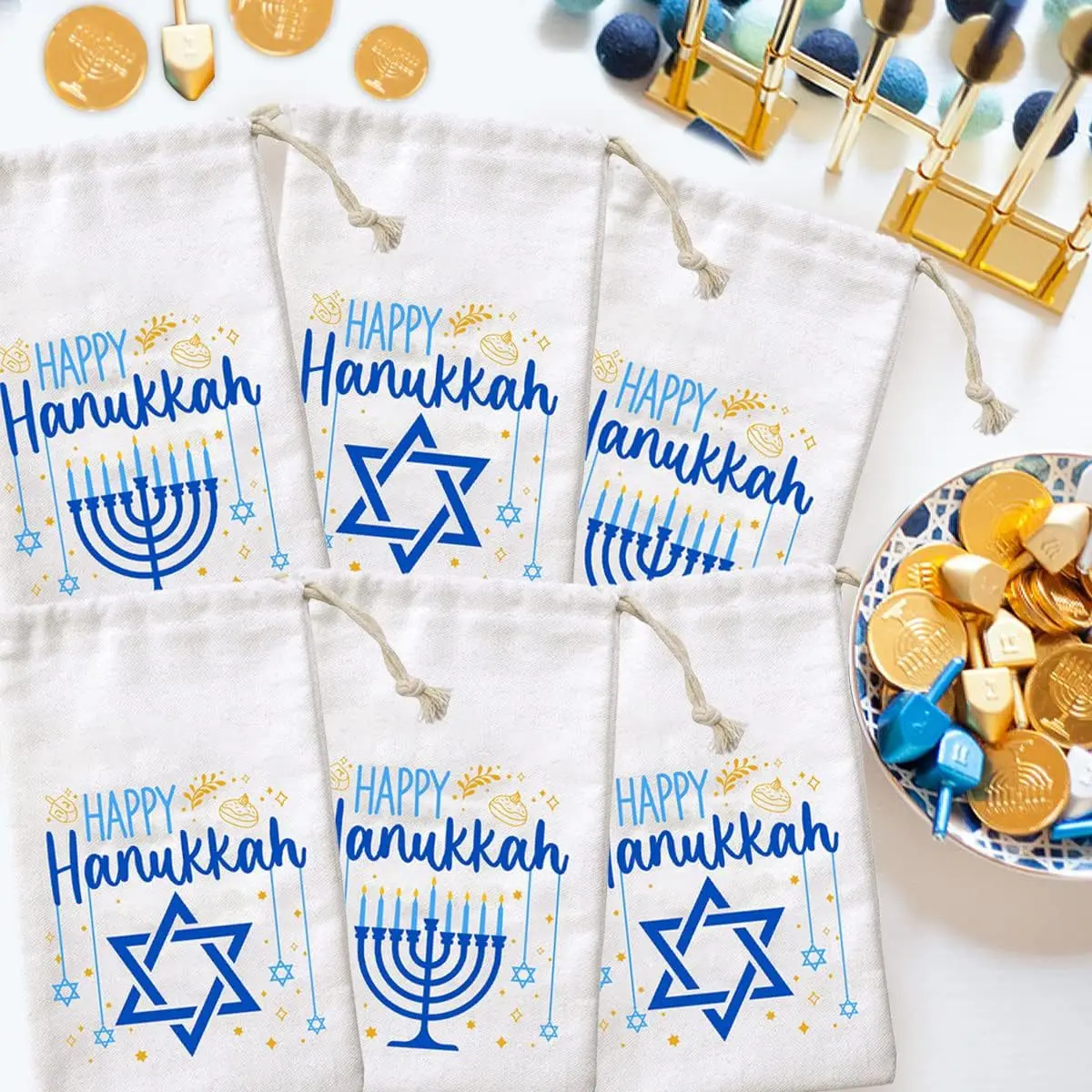 Personalized Happy Hanukkah Wreath Drawstring Bag Chanukah Gift Sack Jewish Holiday home table Decoration Children kid Present