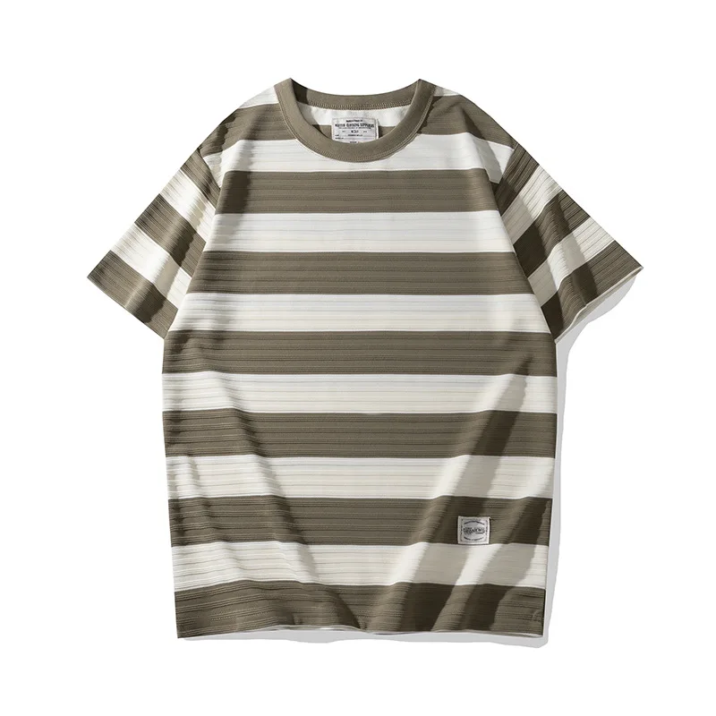 OK4113 Men's Striped Shorts for Summer 280g/m² Good Quality Short Sleeve O-neck Vintage Classical Loose Casual Pullover Tee Male