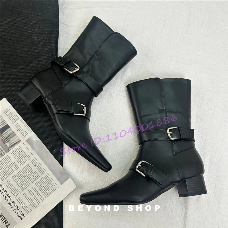 جلد أسود كعب سميك الأحذية الغربية الرجعية ساحة تو مشبك معدني دراجة نارية الجوارب ربيع الخريف موضة جديدة أحذية النساء