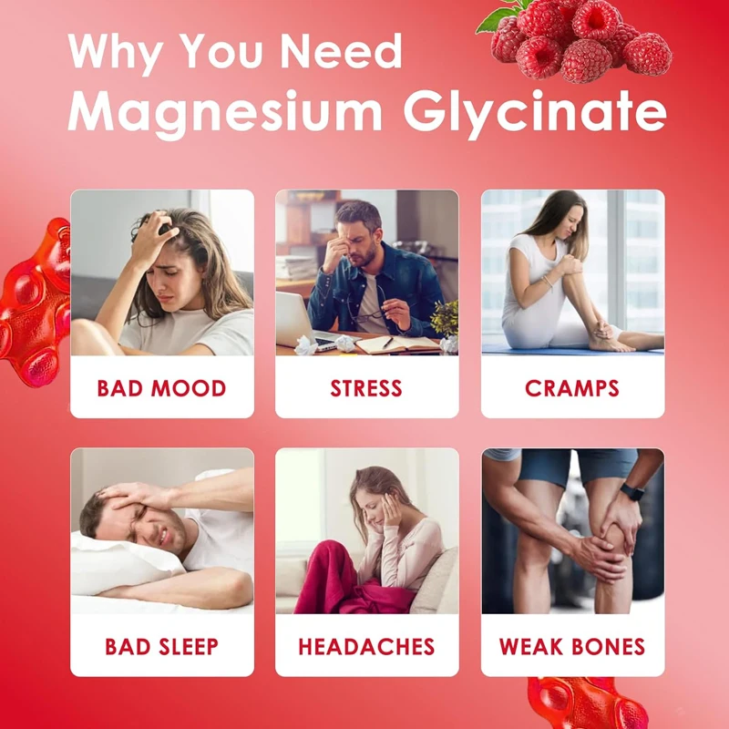 Magnesium glycinate gummies 500mg | Non GMO | Suitable for vegetarians in adults and children (60 raspberry gummies)