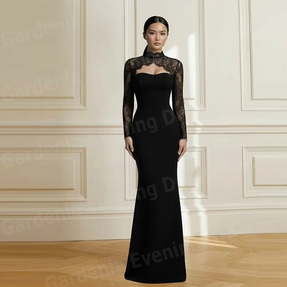 

Sexy Black Mermaid Women's Evening Dresses High Neck Prom Gowns Vestidos Para Mujer Customized Long Sleeve Lace Robe De Soirée