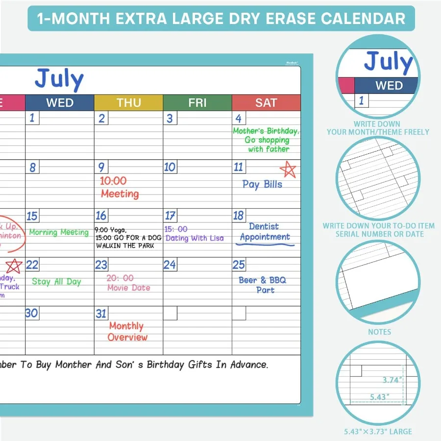 Dry Erase Calendar for Wall Undated 1 Month Wall Calendar Dry Erase 40" x 28" Erasable and Reusable Lamited White Board Calenda
