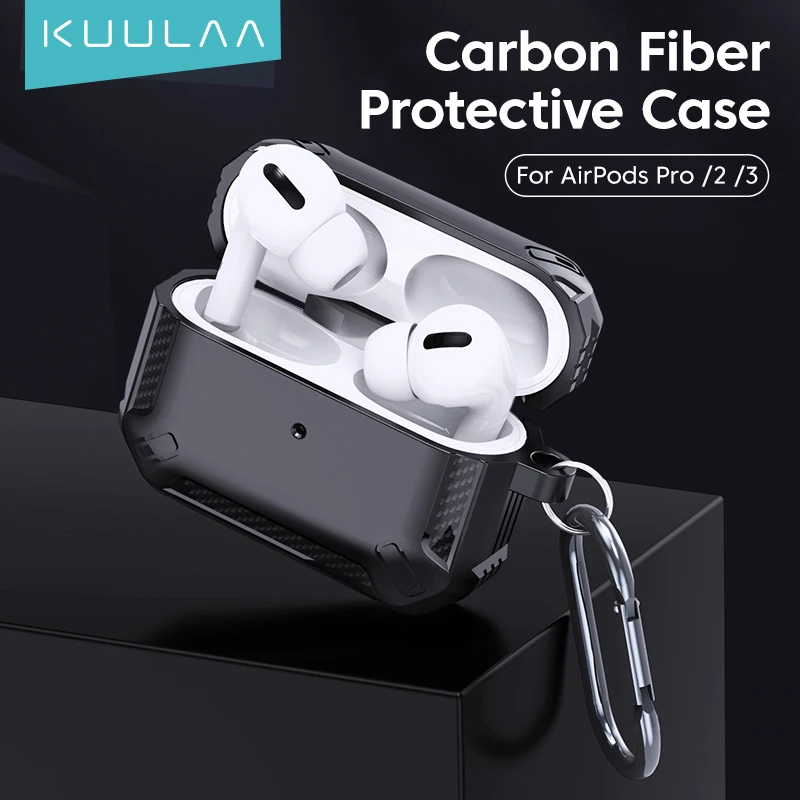 

KUULAA Case for Apple AirPods Pro 2 3 Bags Carbon Fiber Cover Protective Case Anti Shock Earphone Accessories With Keychain Hook