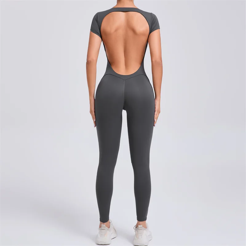 SVEIC Fitness Sports Jumpsuit Yoga Set Women Short Sleeves Backless One Piece Bodysuit Workout butt Lifting Leggings Gym Clothes