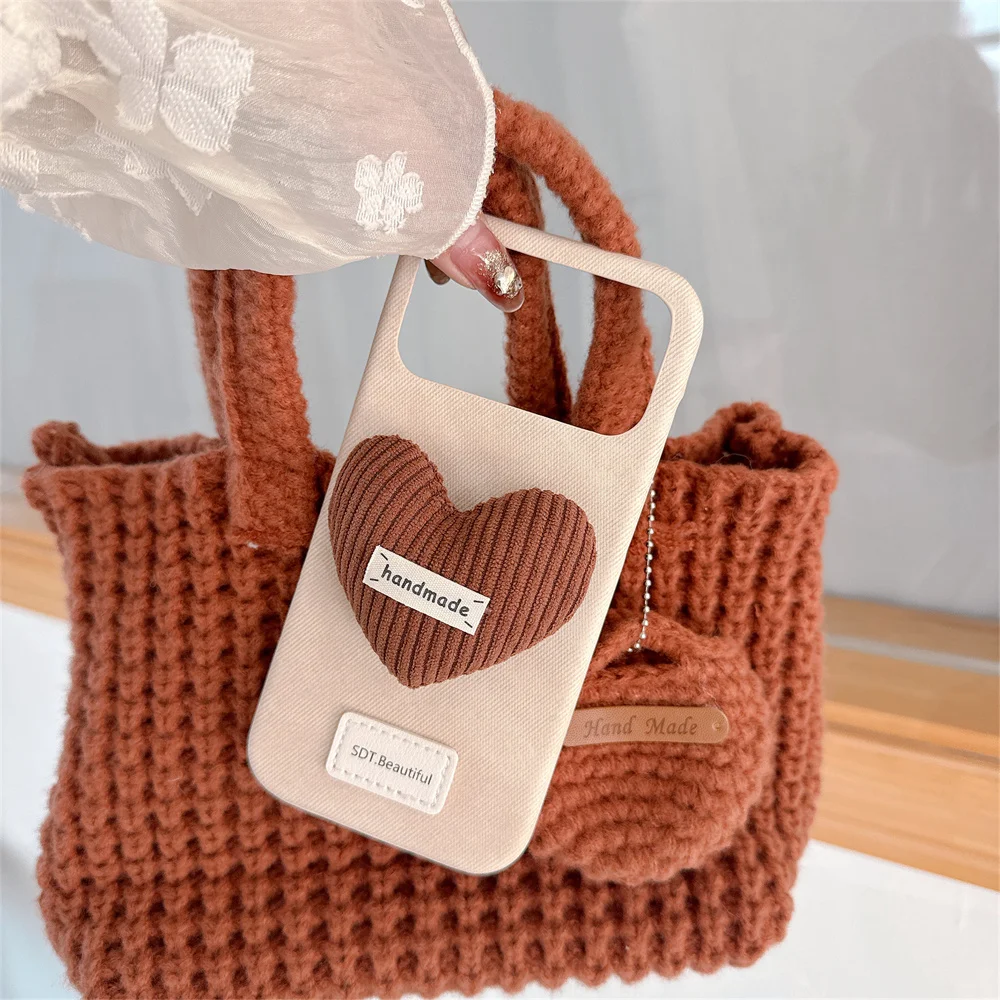 

Vintage Cute 3D Plush Corduroy Heart Phone Case for iPhone 17 Pro Max Jeans Washed Denim Fabric Cover for iPhone 16 15 14 13 Pro