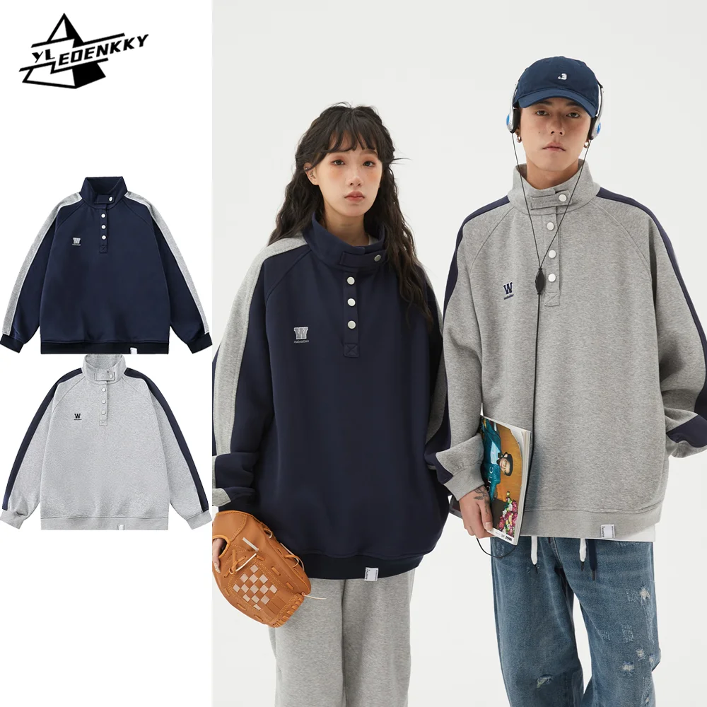 

Preppy Polo Shirt Men Women Vintage Stand Collar Patchwork Pullover Hip Hop Embroidered Pattern Coat Harajuku Street Couple Tops