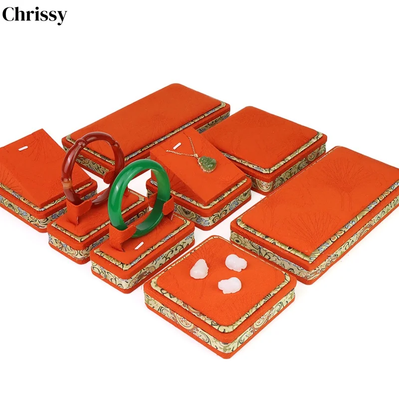 

New China Vintage Brocade Cloth Jewelry Tray, Ethnic Jade & Wood Beads Appraisal Plate, Counter Showcase Stand