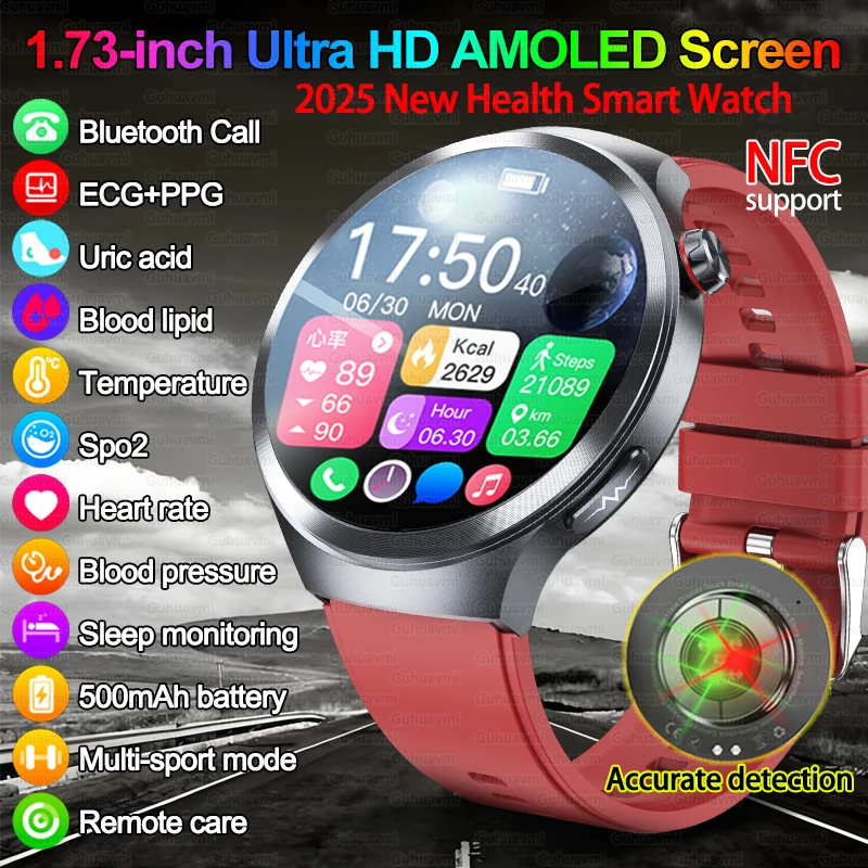 

2025 New Uric Acid Blood Lipids Smart Watch Men ECG+PPG Blood Pressure Oxygen BMI Body Fat Bluetooth Call NFC Health Smartwatch