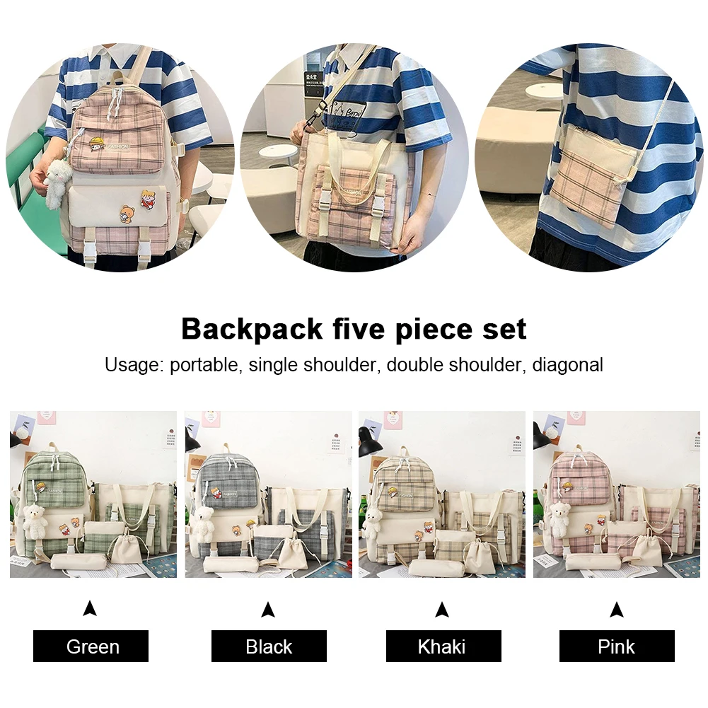 

5pcs/set Backpack Combo Set Large Capacity Canvas School Backpack Waterproof Cute Plaid Knapsack Pendant Badge for Travel Office