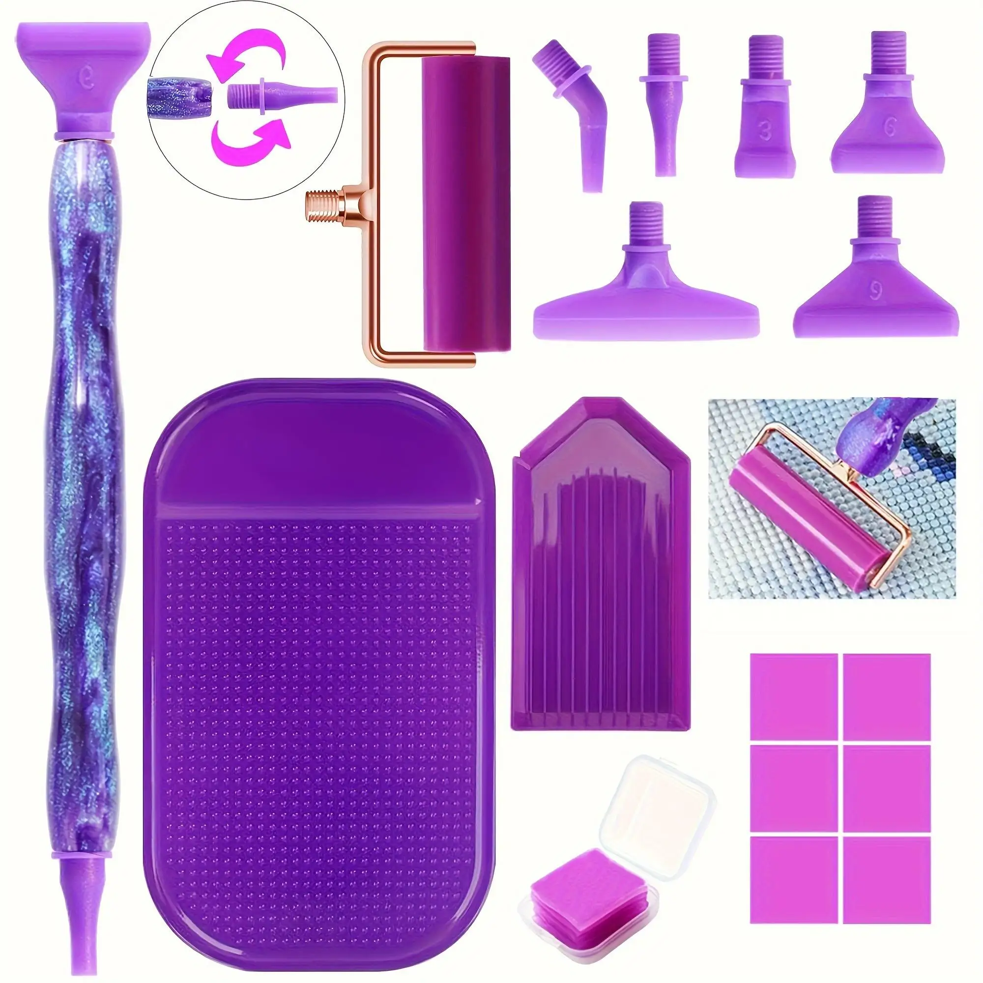 Diamond Pen with Flowing Sand Texture in Dark Colors, Rhinestone Pen Set, Threaded Plastic Head, Multifunctional DIY Diamond Pen 5D Diamond Tool Set (with Roller and Adhesive Pad)