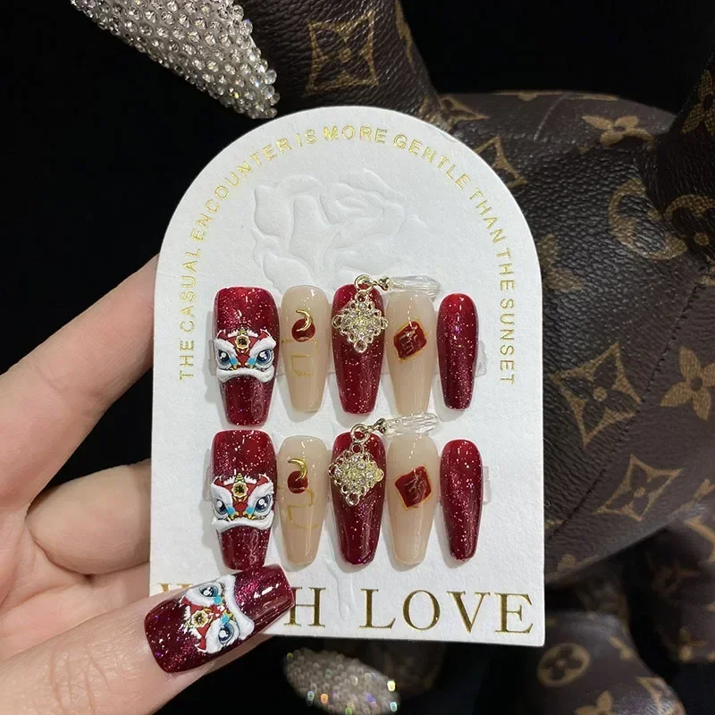 Cat eye Waking lion handmade Wearable Fake Nail Cblessing Word False Nails Festival Red Colour Chinese New Year Nail Decoration