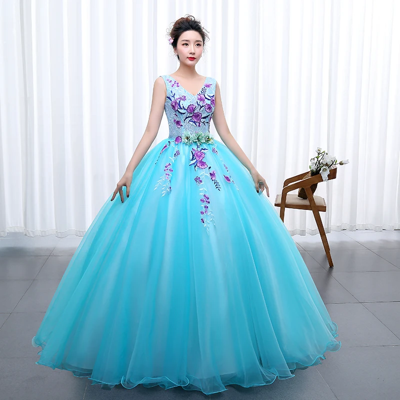 Y & M-vestidos de quinceañera azules para mujer, vestido de baile Sexy con cuello en V, encaje precioso para fiesta de graduación, vestidos de regreso a casa, talla grande