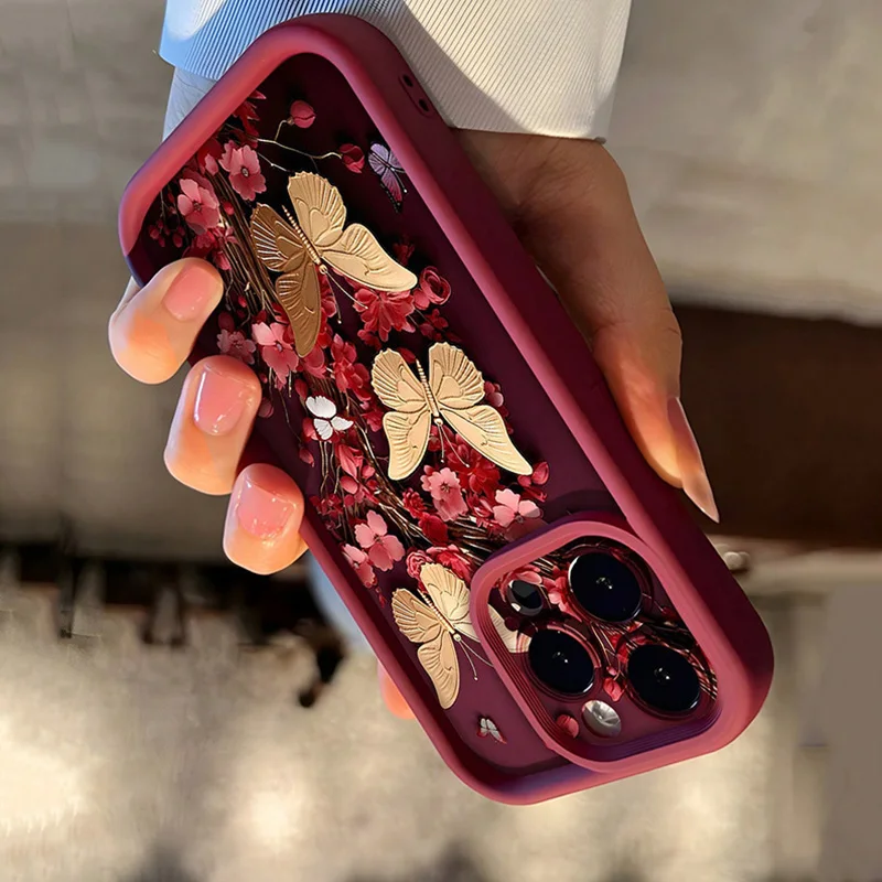 Vintage Red Floral Gold Butterfly Pattern Soft TPU Phone Case For iPhone 17 11 12 13 14 15 16 Pro Max XS X XR 7 8 Plus 16 Cover