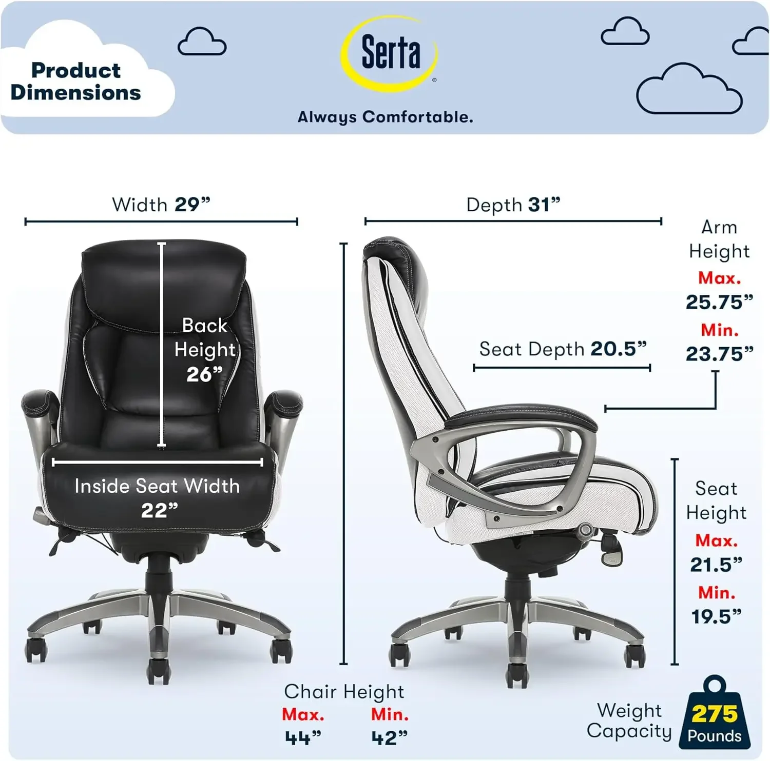 Serta Lautner Executive Office Smart Layers Technology, Ergonomiczne krzesło komputerowe ze skóry i siatki ze profilowanym lędźwiem lędźwiowym