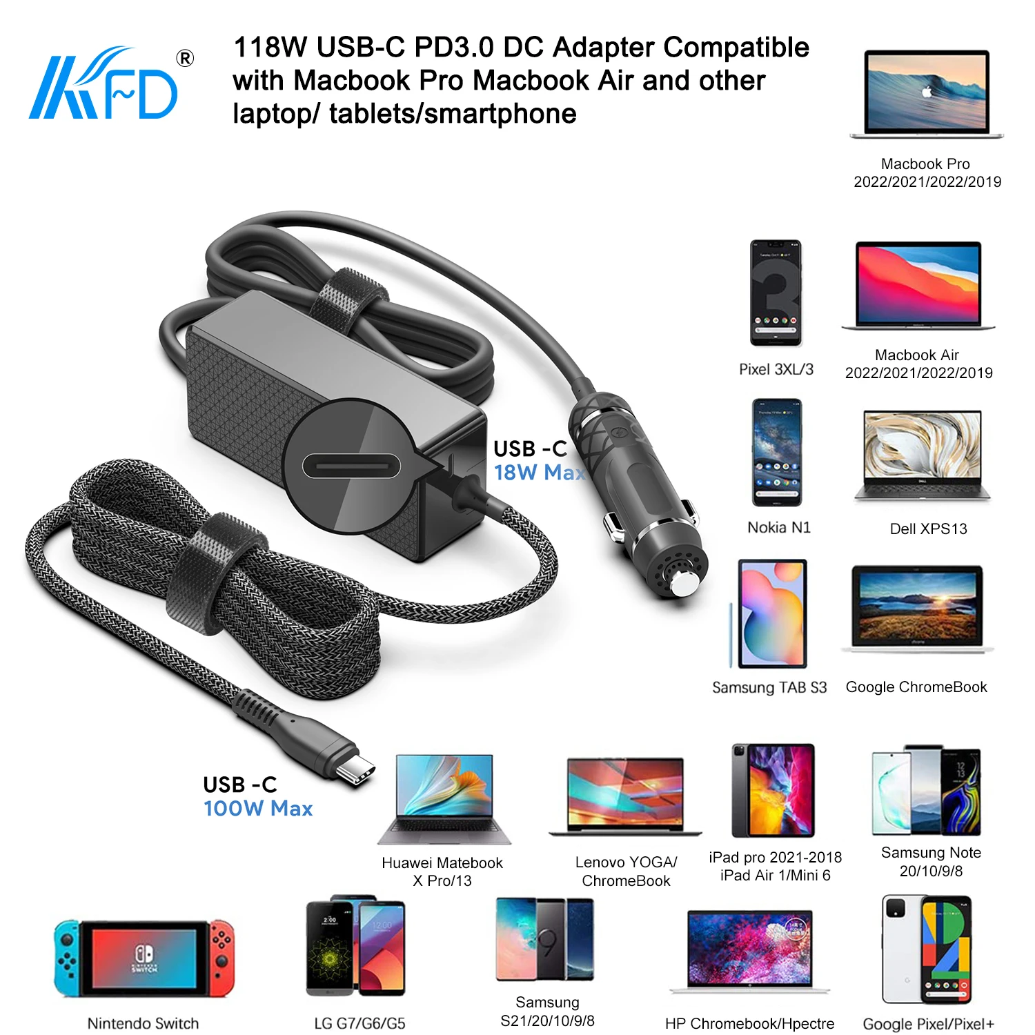 118W 100W 90W 65W Phone Laptop Car Charger USB TYPE-C Quick Charge Adapter For Apple Huawei Dell ASUS Lenovo HP Universal 12-24V