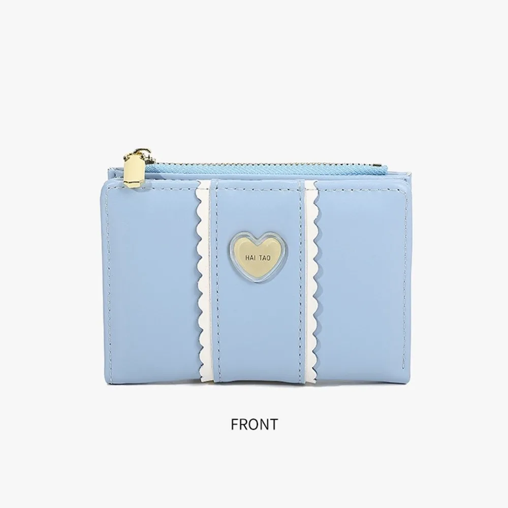 Elegant Women Short Wallet Pu Leather Love Heart Biofold Business Purse Candy Color Waterproof Bank/ID/Credit Card Holder