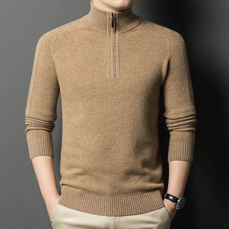 Men Autumn Winter Pure Wool Vintage Business Casual Thicken Bottom Zipper Pullovers Knitted Sweater Man Christmas Sweater