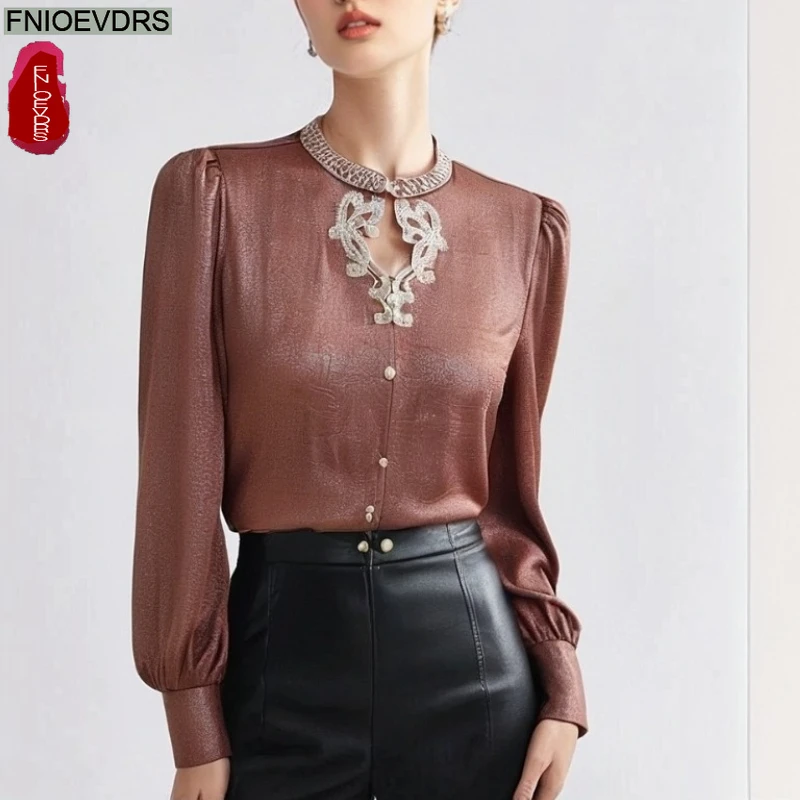 

Patchwork Bling Tops Blouses New French Design Women 2025 Autumn Long Sleeve Solid Hollow Out Eegant Office Lady Basic Shirts