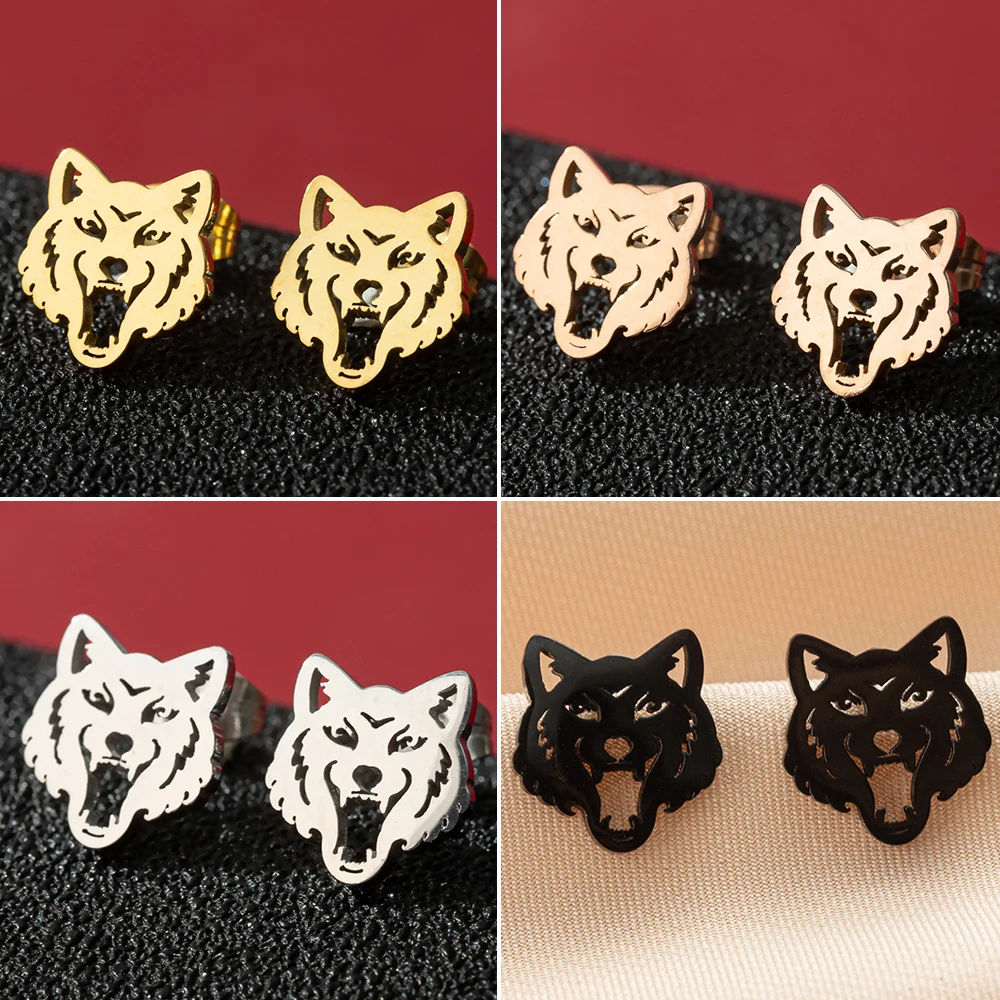 Viking Wolf Head Stainless Steel Black Earrings For Men 2024 Tiny Animal Ear Piercing Stud Earrings Pendientes Jewelry Gift