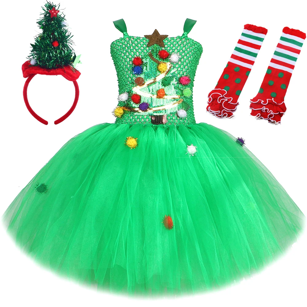 Green Christmas Princess Dresses for Girls Xmas Tree Costumes Kids New Year Festival Gift Outfit Children Carnival Party Clothes