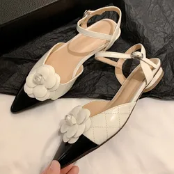 Women's genuine leather mix color patchwork pointed toe flats sandals flower decoration korean style casual summer shoes women
