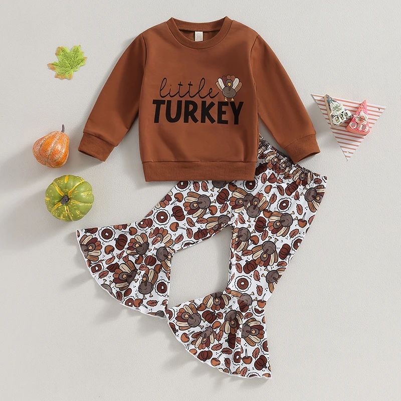 2023-07-28 Lioraitiin 0-5Years Baby Girl 2Pcs Thanksgiving Outfits Long Sleeve Sweatshirt Turkey Flare Pants Set