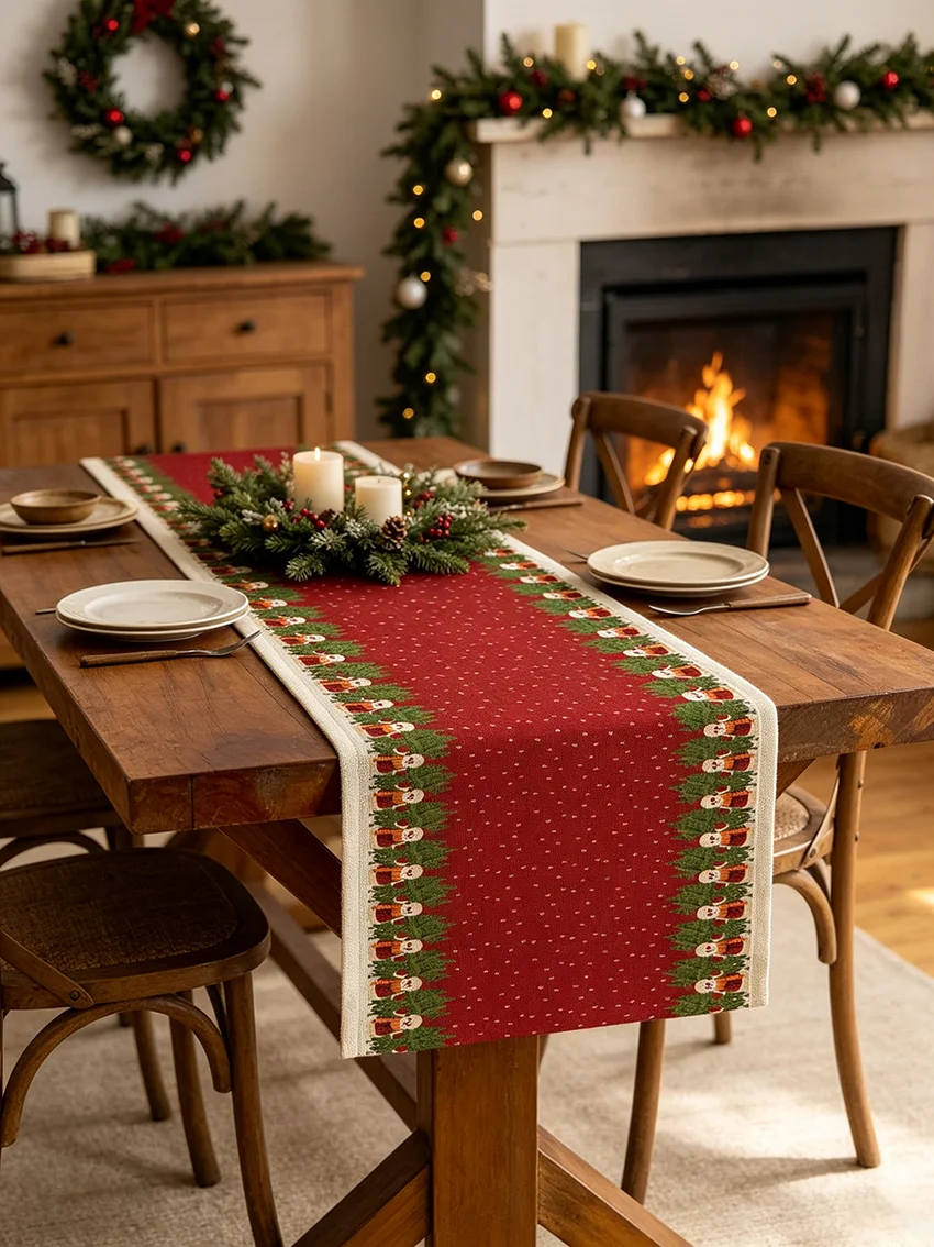 1Pc Snowman Christmas Tree Print Linen‑Textured Table Runner, Farmhouse Festive Style, Xmas Holiday Table Decor for Home Party