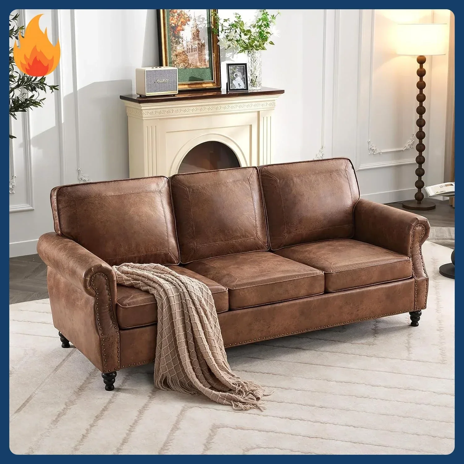 [New Arrival!]79'' Faux Leather Sofas for Living Room, Mid Century Modern Couches with Rolled Arm & Nailhead Trim for Small Spac