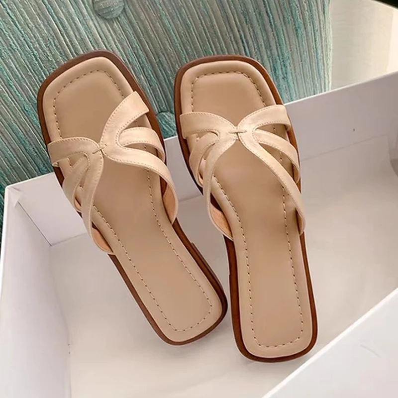 2024 Size 35-40 Women Slides Sandals Genuine Leather Soft Low Heels Summer Ladies Beach Shoes Casual Home House Slippers Outdoor