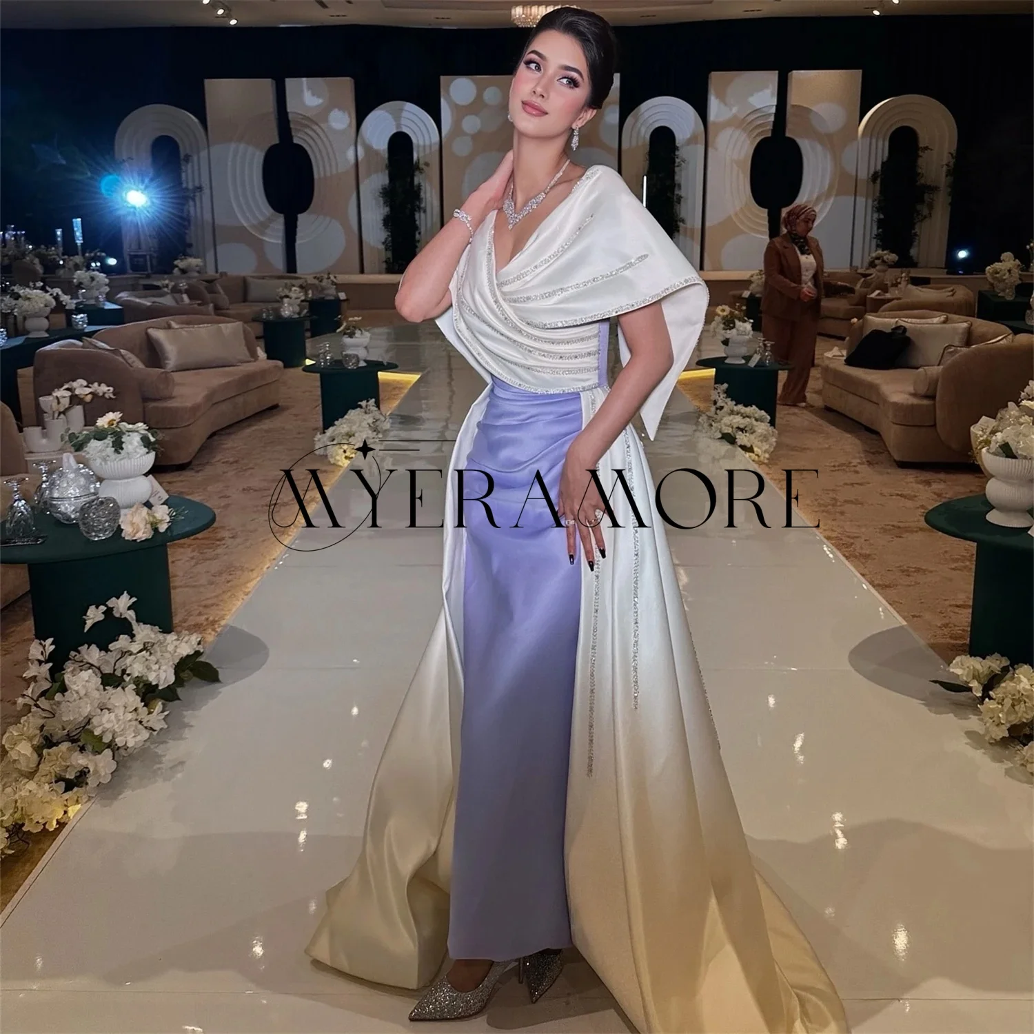 مزاجه الخامس الرقبة فساتين السهرة التباين اللون مطرز قطار المحكمة الطية فساتين لحضور الحفلات الموسيقية مخصصة الجلباب دي سواريه