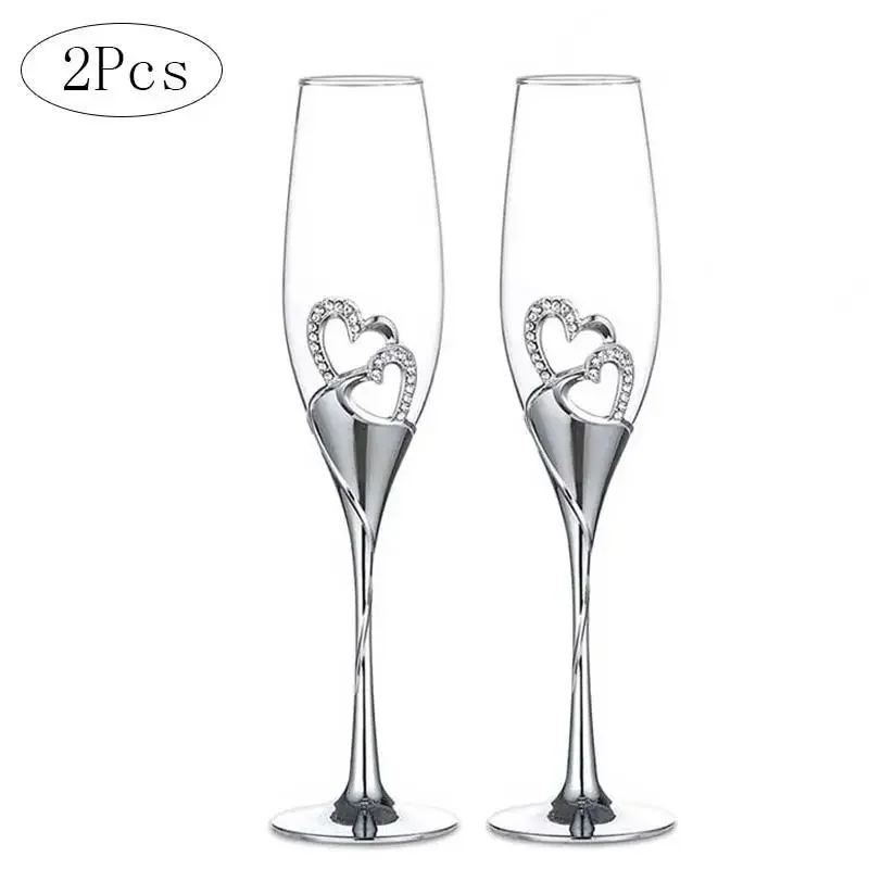 

2Pcs Heart Shape Wine Glass Wedding Champagne Glasses Lover Rhinestone Wedding Glass Crystal Goblet Banquet Wedding Decoration