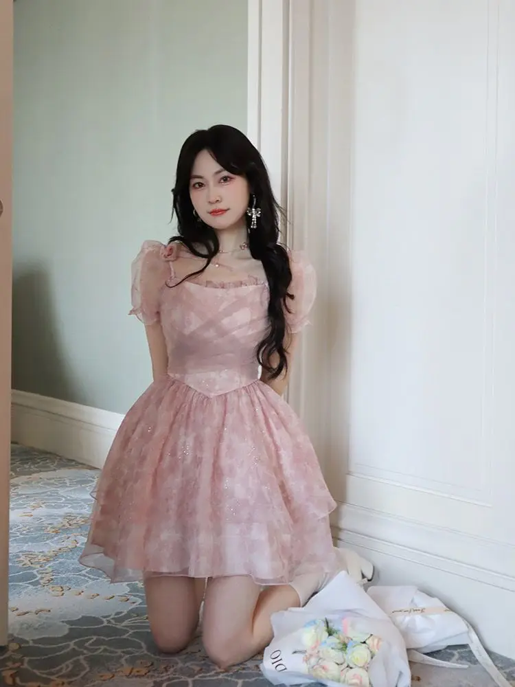 Summer Pink Kawaii Lolita Dress Women 2024 Print Korea Cute Party Mini Dress Female Puff Sleeve Beach Casual Elegant Fairy Dress