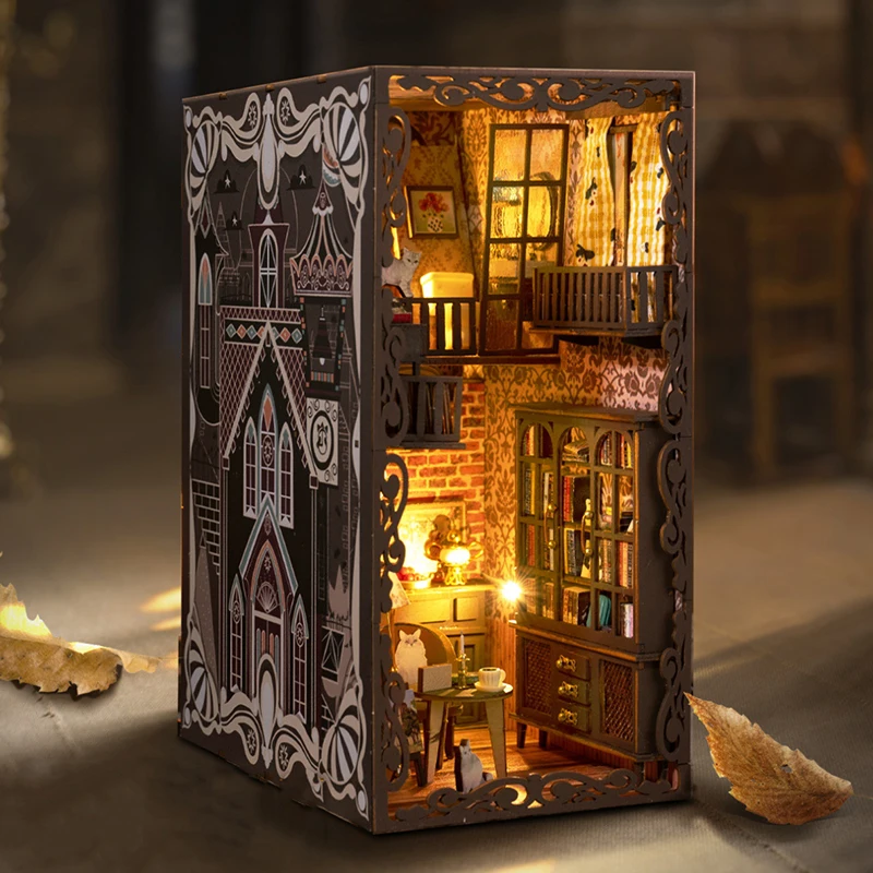 DIY Book Nook Wooden Miniature Model Kit No.9 Secret Castle Bookend Assembled 3D Puzzle Bookshelf for Friends Gifts Home Decor