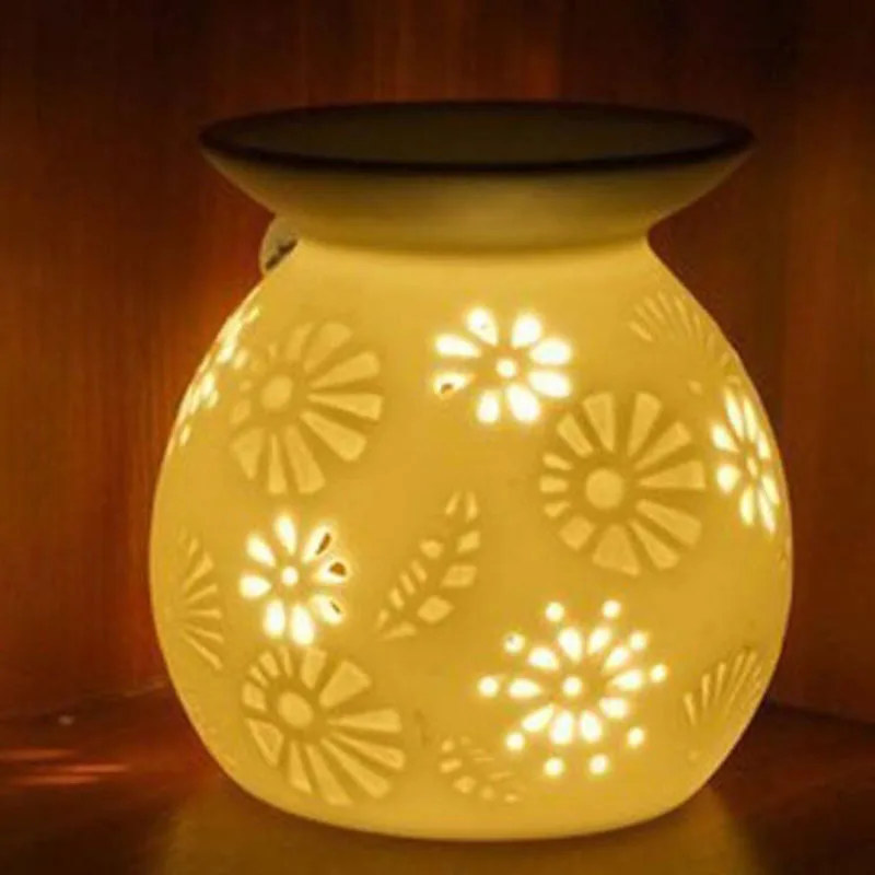 Porcelain Hollw Floral Pattern Round Aromatherapy Burner Essential Oil Lamp Fragrance Censer Ceramic Crafts Home Decor