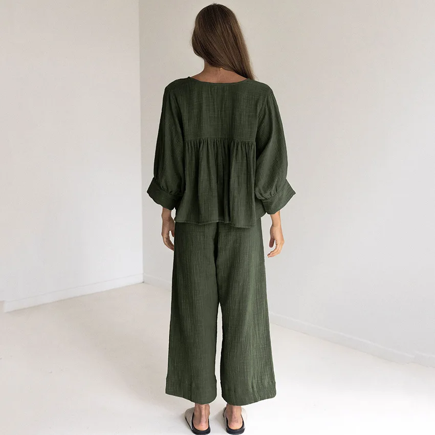 Linad Green Cotton Sleepwear V Neck Lace Up Wide Leg Pants Trouser Suits Loose Pajamas Set Woman 2 Pieces Loungewear Pijamas